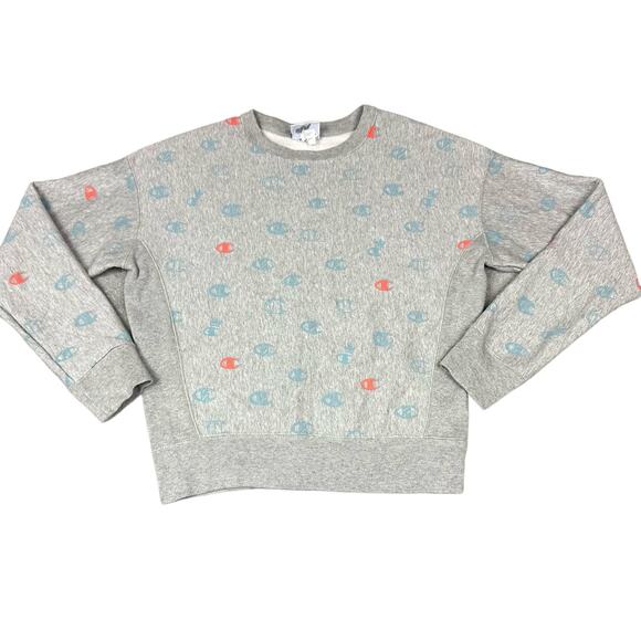 Champion Size M Womens Gray All Over Logo Print Reverse Weave Sweatshirt - Picture 1 of 7